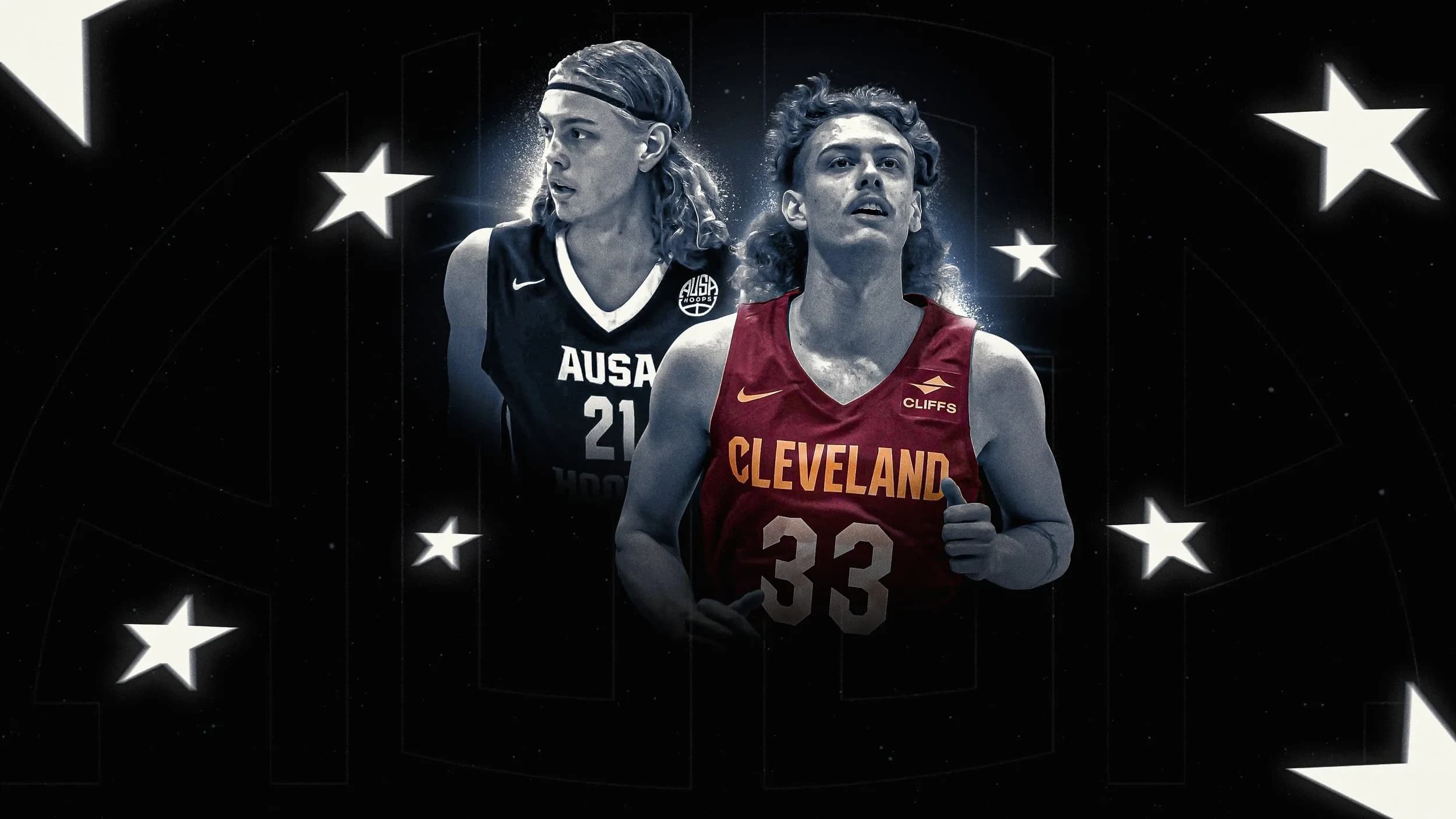 Luke Travers in AUSA Hoops uniform alongside his Cleveland Cavaliers NBA jersey