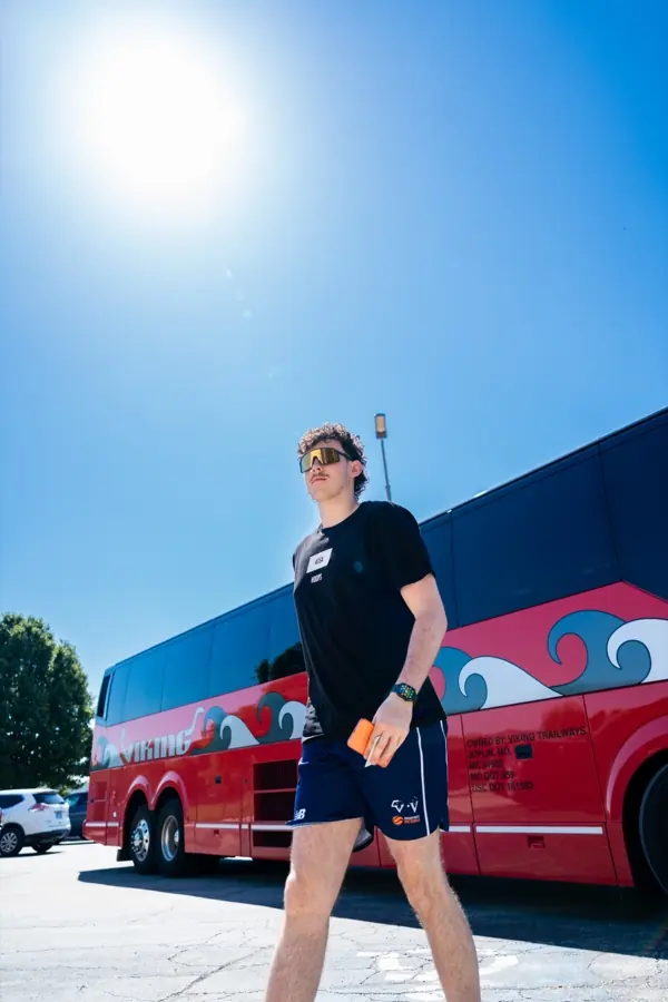 AUSA Hoops player arriving at the team bus on tour in the United States
