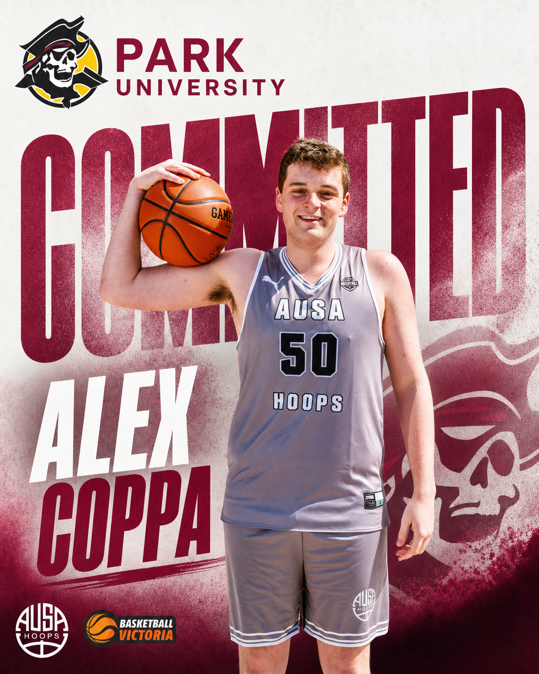 Alex Coppa Commits to Park University Men's Basketball, commitment graphic