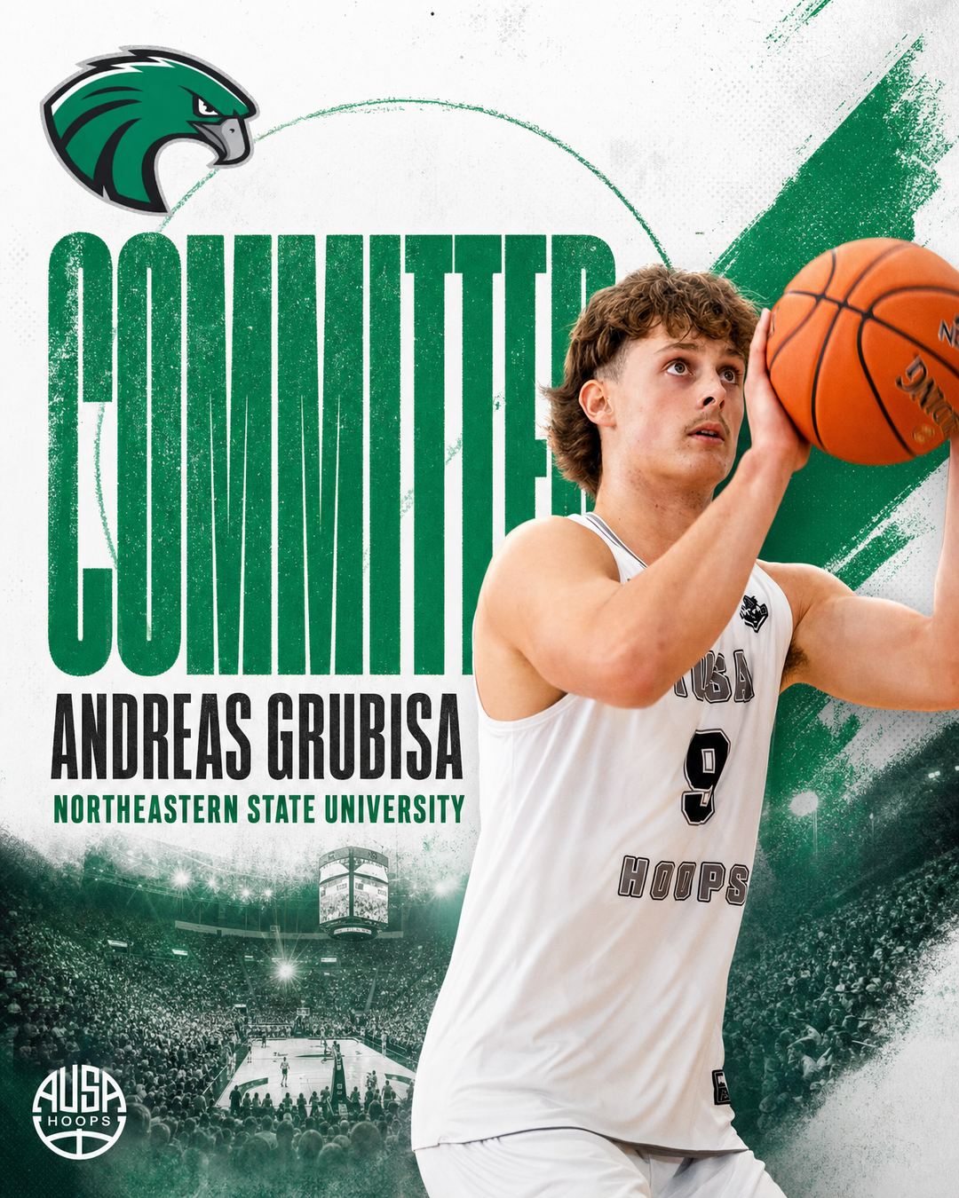 Andreas Grubisa Commits to Northeastern State University — commitment graphic