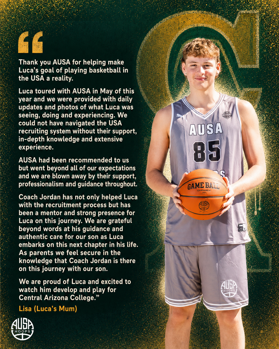 Luca Dinulescu Commits to Central Arizona College for Basketball — quote graphic